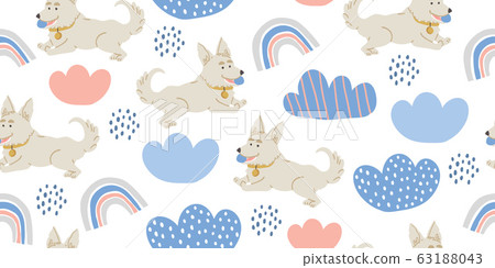 Vector seamless pattern with cute corgi dogs, ball 63188043