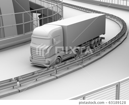 在高速公路上運行的大型電動卡車的粘土渲染圖像 63189128