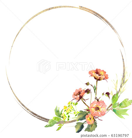 Wedding frame wreath bridal romanric rustic warm bouquet. Hand drawing watercolor pink and purple and orange flowers ornament Wedding frame wreath bridal romanric rustic warm bouquet. Hand drawing watercolor pink and purple and orange flowers ornament 63190797