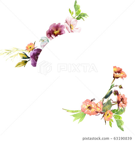 Wedding frame wreath bridal romanric rustic warm bouquet. Hand drawing watercolor pink and purple and orange flowers ornament Wedding frame wreath bridal romanric rustic warm bouquet. Hand drawing watercolor pink and purple and orange flowers ornament 63190839