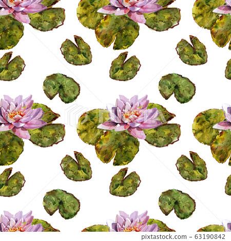 Water lily leaves and flowers bouquet. Hand drawing watercolor pink and purple and green flowers ornament Water lily leaves and flowers bouquet. Hand drawing watercolor pink and purple and green flowers ornament 63190842