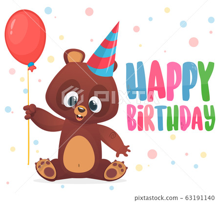 Cartoon bear holding a red balloon. Happy birthday - Stock Illustration ...