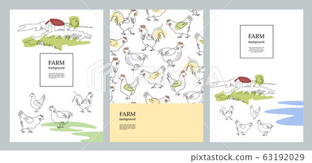 Agricultural brochure layout design. Cocks and village houses. Agricultural template. 63192029