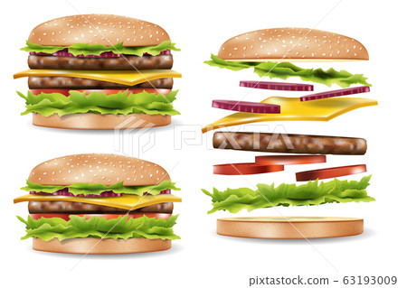 Burger ads for your design, delicious hamburger mockup side view. Jumping Realistic Burger with refreshing ingredients. 3d Vector illustration 63193009