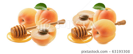 Apricots and honey dipper puddle set isolated on white background Apricots and honey dipper puddle set isolated on white background 63193308