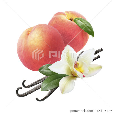Fresh peach and vanilla beans isolated on white background 63193486