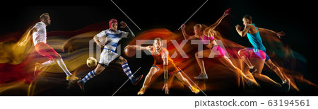 Creative collage of sportsmen in mixed and neon light on black background, flyer, motion and action Creative collage of sportsmen in mixed and neon light on black background, flyer, motion and action 63194561