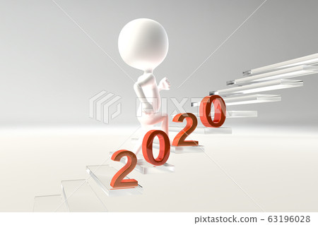 Illustration of a person climbing a transparent staircase and objects of 2020 Illustration of a person climbing a transparent staircase and objects of 2020 63196028