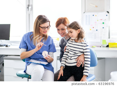 A small girl, mother and dentist in surgery, dental checkup. A small girl, mother and dentist in surgery, dental checkup. 63196976