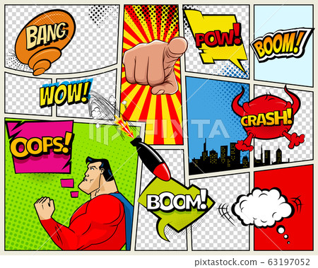 Grunge Retro Comic Speech Bubbles. Background with radial halftone effects and rays in pop-art style. Abstract Talking Clouds and Sounds Grunge Retro Comic Speech Bubbles. Background with radial halftone effects and rays in pop-art style. Abstract Talking Clouds and Sounds 63197052
