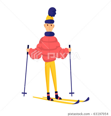 Vector men skier. Male skiing design element isolated on white background. Winter sportsman on ski resort. Winter sport activity. Skier stands on skis Vector men skier. Male skiing design element isolated on white background. Winter sportsman on ski resort. Winter sport activity. Skier stands on skis 63197054