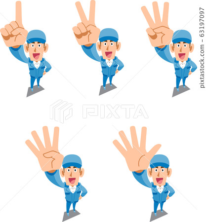 Men in blue work clothes showing numbers and order with fingers 63197097