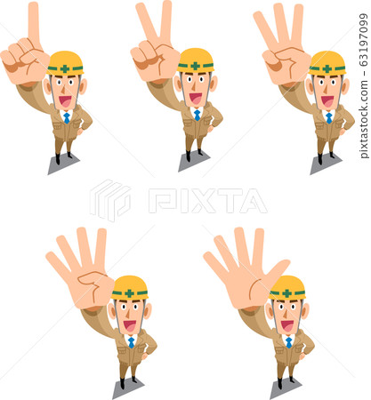 Construction site worker in beige work clothes showing numbers and order with fingers 63197099