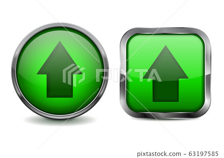 Green buttons. Upload glass icons with metal frame - Stock Illustration ...