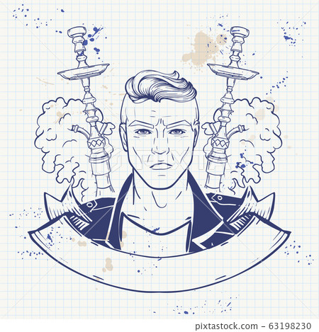 Sketch of hipster with hookah on a notebook Sketch of hipster with hookah on a notebook 63198230
