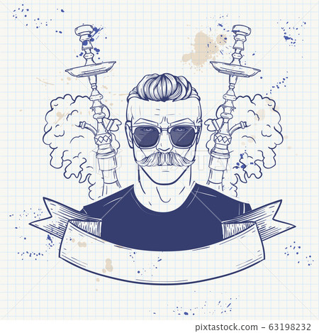 Sketch of hipster with hookah on a notebook 63198232