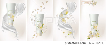 Collection jasmine cream. Milk splash with flower jasmine. 3D realistic jasmine. Bunch beautiful white flowers. Fragrant jasmine. Vector illustration 63200211