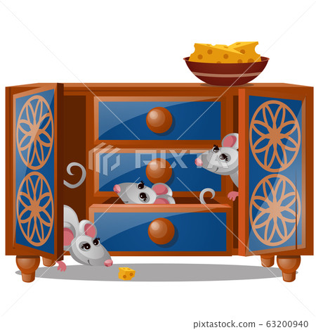 A cupboard with mouse and piece of cheese isolated on a white background. Vector cartoon close-up illustration. A cupboard with mouse and piece of cheese isolated on a white background. Vector cartoon close-up illustration. 63200940