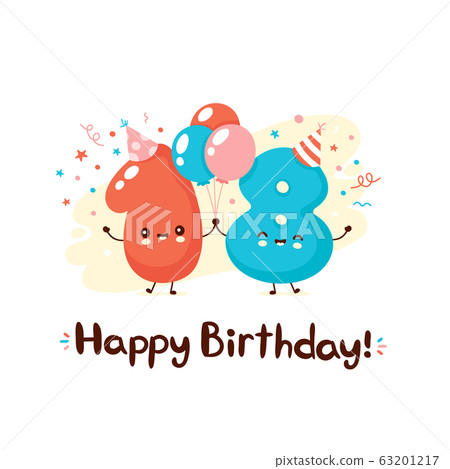 Cute eighteen numbers with balloons in festive hat Cute eighteen numbers with balloons in festive hat 63201217