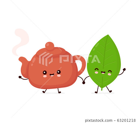 Cute happy smiling teapot and tea leaf 63201218