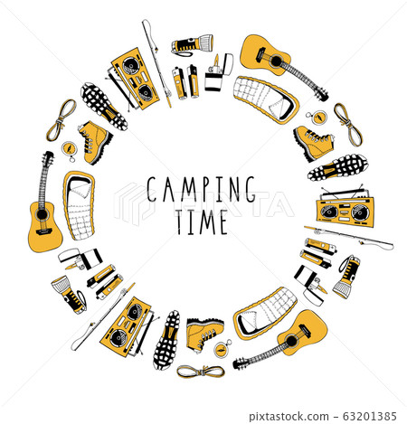 Modern circle frame for hiking, traveling design. Pattern with camping symbols. Boots, flashlight, rope, sleeping bag, compass, fishing rod. Campfire songs. Guitar and boombox radio receiver 63201385
