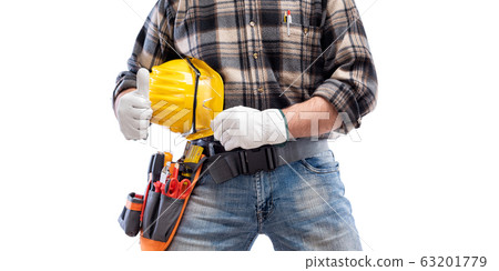Electrician with tool belt on a white background. 63201779