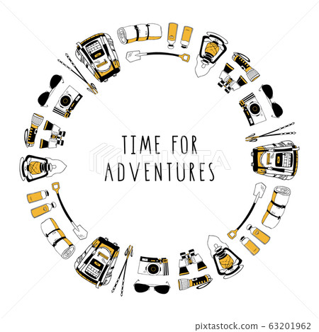 Vector circle frame of isolated objects for hiking, traveling design. Pattern with camping symbols. Backpack, sleeping bag, flashlight, shovel, binoculars, sunglasses, storm lamp, trekking sticks 63201962