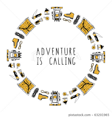 Modern circle composition of hand drawn isolated elements for hiking, traveling design. Pattern with camping symbols. Backpack, boots, map, flashlight, knife, compass. Lettering. Adventure is calling Modern circle composition of hand drawn isolated elements for hiking, traveling design. Pattern with camping symbols. Backpack, boots, map, flashlight, knife, compass. Lettering. Adventure is calling 63201965