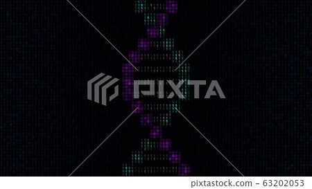 Digital simple DNA helix model made of ones and zeros on computer screen, artistic illustration 63202053