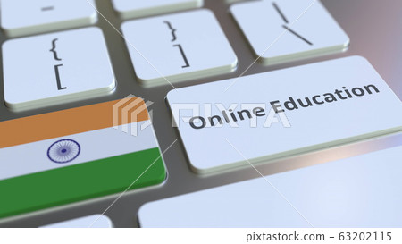 Online Education text and flag of India on the buttons on the computer keyboard. Modern professional training related conceptual 3D rendering 63202115
