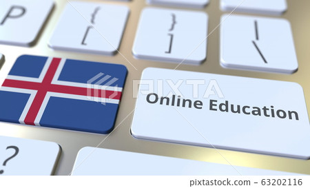 Online Education text and flag of Iceland on the buttons on the computer keyboard. Modern professional training related conceptual 3D rendering 63202116