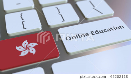 Online Education text and flag of Hong Kong on the buttons on the computer keyboard. Modern professional training related conceptual 3D rendering 63202118