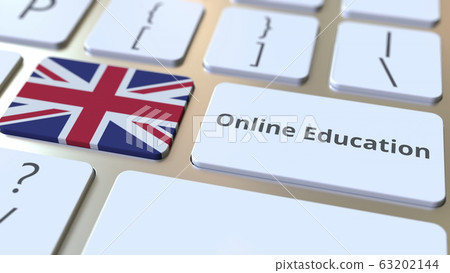 Online Education text and flag of Great Britain on the buttons on the computer keyboard. Modern professional training related conceptual 3D rendering Online Education text and flag of Great Britain on the buttons on the computer keyboard. Modern professional training related conceptual 3D rendering 63202144