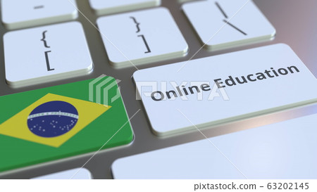 Online Education text and flag of Brazil on the buttons on the computer keyboard. Modern professional training related conceptual 3D rendering Online Education text and flag of Brazil on the buttons on the computer keyboard. Modern professional training related conceptual 3D rendering 63202145