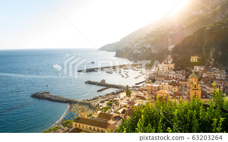 Amalfi at sunset aerial view Amalfi at sunset aerial view 63203264