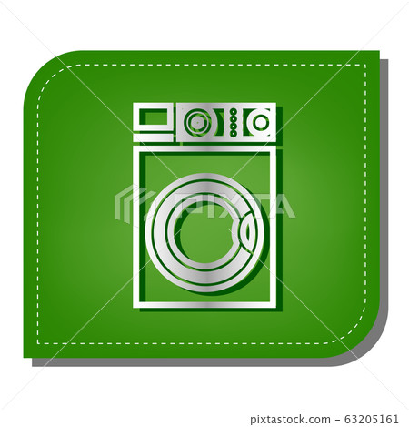 Washing machine sign. Silver gradient line icon with dark green shadow at ecological patched green leaf. Illustration. Washing machine sign. Silver gradient line icon with dark green shadow at ecological patched green leaf. Illustration. 63205161