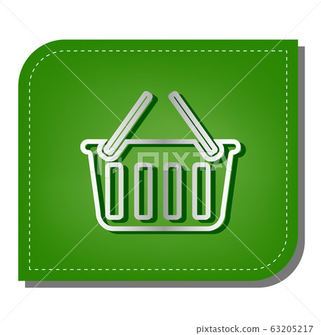 Shopping basket sign. Silver gradient line icon with dark green shadow at ecological patched green leaf. Illustration. Shopping basket sign. Silver gradient line icon with dark green shadow at ecological patched green leaf. Illustration. 63205217
