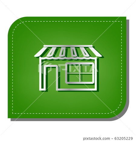 Store sign illustration. Silver gradient line icon with dark green shadow at ecological patched green leaf. Illustration. 63205229