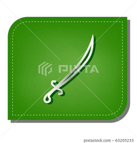 Sword sign illustration. Silver gradient line icon with dark green shadow at ecological patched green leaf. Illustration. Sword sign illustration. Silver gradient line icon with dark green shadow at ecological patched green leaf. Illustration. 63205233