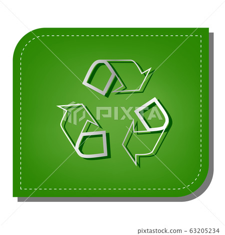 Recycle logo concept. Silver gradient line icon with dark green shadow at ecological patched green leaf. Illustration. Recycle logo concept. Silver gradient line icon with dark green shadow at ecological patched green leaf. Illustration. 63205234