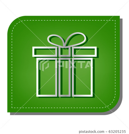 Gift box sign. Silver gradient line icon with dark green shadow at ecological patched green leaf. Illustration. Gift box sign. Silver gradient line icon with dark green shadow at ecological patched green leaf. Illustration. 63205235