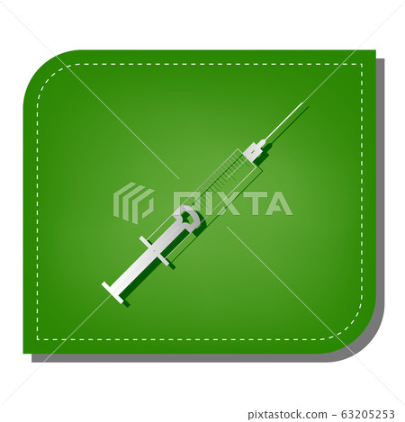 Syringe sign illustration. Silver gradient line icon with dark green shadow at ecological patched green leaf. Illustration. Syringe sign illustration. Silver gradient line icon with dark green shadow at ecological patched green leaf. Illustration. 63205253