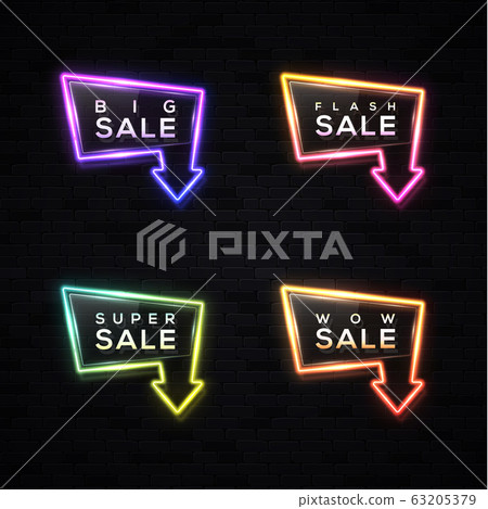 Big sale neon arrow sign set on black brick wall background. 3d super discount gradient retro frame for business design. Light border with glossy plastic plate. Flash sale bright vector illustration. 63205379
