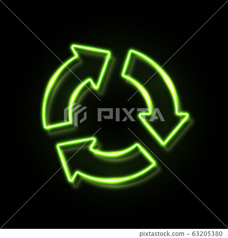Neon light recycling icon isolated on black background. Green 3 arrow in circle sign. 3d color glowing refresh reload rotation loop symbol. Electric lamp technology outline. Bright vector illustration 63205380