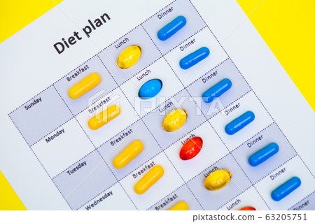 Diet plan and weight loss pills on a yellow background Diet plan and weight loss pills on a yellow background 63205751