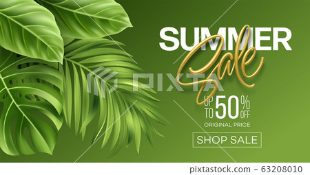 Golden metallic summer sale lettering on a bright background from green tropical leaves of plants. Vector illustration Golden metallic summer sale lettering on a bright background from green tropical leaves of plants. Vector illustration 63208010