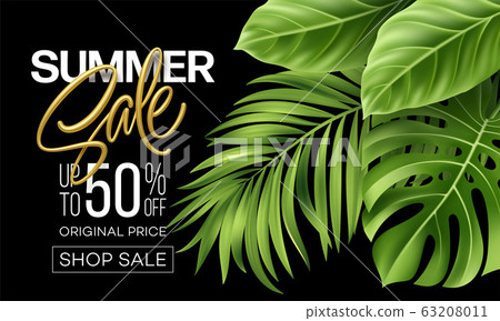 Golden metallic summer sale lettering on a bright background from green tropical leaves of plants. Vector illustration Golden metallic summer sale lettering on a bright background from green tropical leaves of plants. Vector illustration 63208011