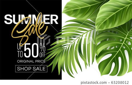 Golden metallic summer sale lettering on a bright background from green tropical leaves of plants. Vector illustration Golden metallic summer sale lettering on a bright background from green tropical leaves of plants. Vector illustration 63208012