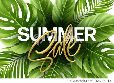 Golden metallic summer sale lettering on a bright background from green tropical leaves of plants. Vector illustration Golden metallic summer sale lettering on a bright background from green tropical leaves of plants. Vector illustration 63208013