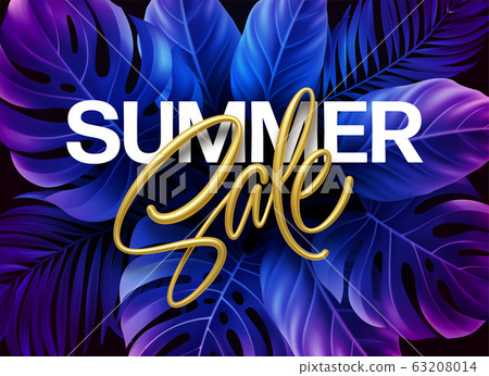 Golden metallic summer sale lettering on a purple bright background from tropical leaves of plants. Vector illustration Golden metallic summer sale lettering on a purple bright background from tropical leaves of plants. Vector illustration 63208014